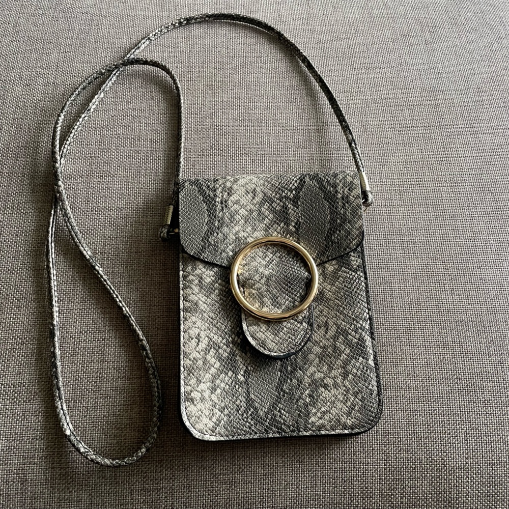 Grey faux snakeskin purse with gold detail